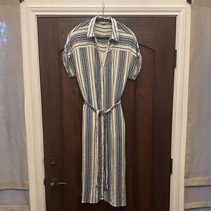 En Creme Blue & Cream Striped Belted Midi Shirt Dress